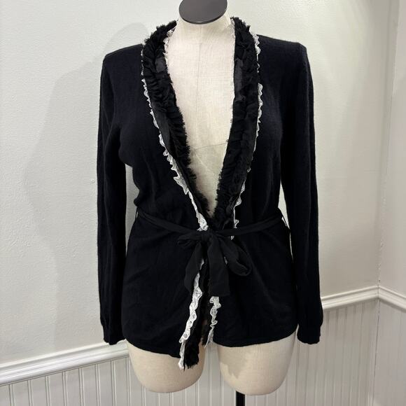 Peck & Peck Collection Size XL Cardigan Sweater Wool Cashmere Black Ruffle Lace - Picture 1 of 16